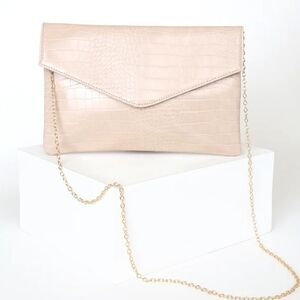 Lulu's Leelou Beige Crocodile Embossed Clutch with Goldtone Chain